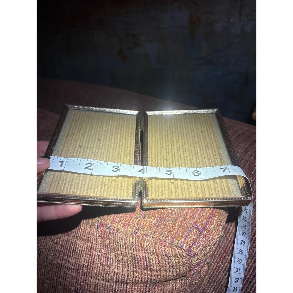 Vintage Folding Double Picture Frame Brown Gold Metal Faux Leather Book Style